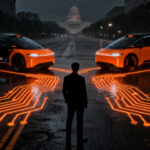 Robotaxis autónomos circulando en una ciudad inteligente representando la batalla regulatoria entre Uber y Waymo.