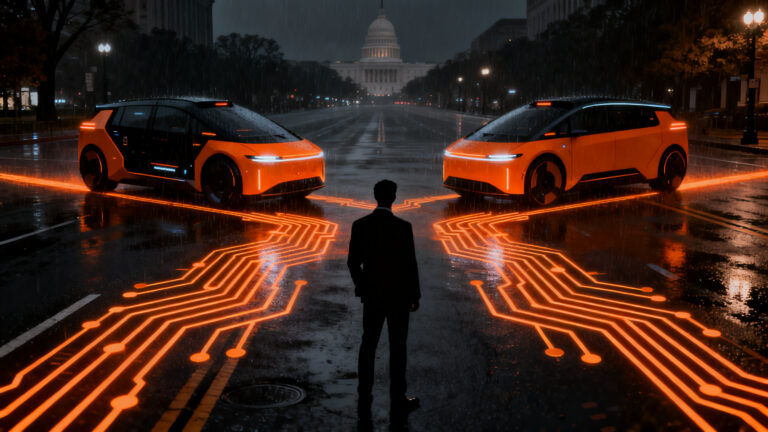 Robotaxis autónomos circulando en una ciudad inteligente representando la batalla regulatoria entre Uber y Waymo.