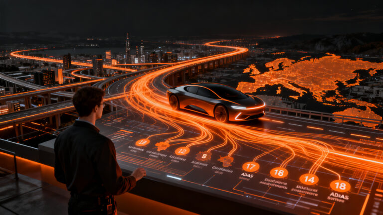 Vehículo autónomo con IA integrándose en una red de ciudades europeas, representando la expansión de la tecnología ADAS y software automotriz.