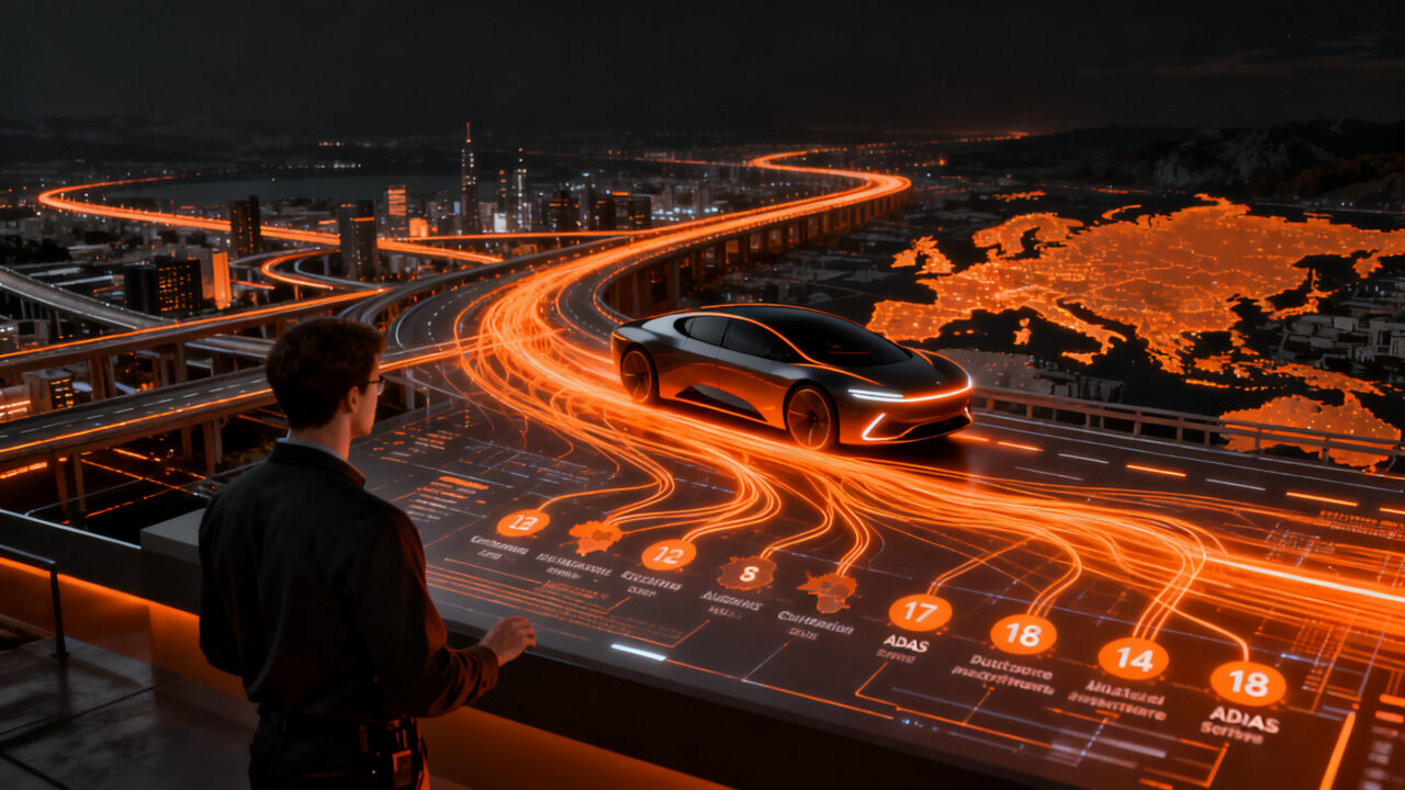 Vehículo autónomo con IA integrándose en una red de ciudades europeas, representando la expansión de la tecnología ADAS y software automotriz.