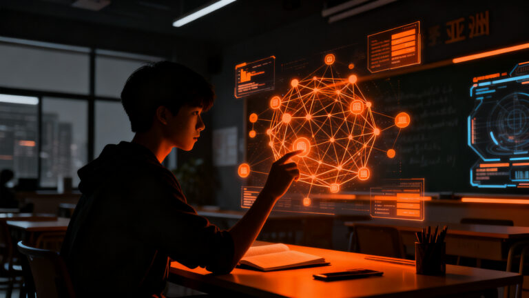 Estudiante interactuando con una plataforma de educación digital e inteligencia artificial en Vietnam, representando la transformación EdTech.