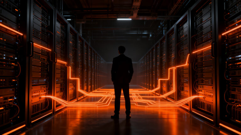 Estratega observando infraestructura de centros de datos y convergencia TI/OT para eficiencia operativa.