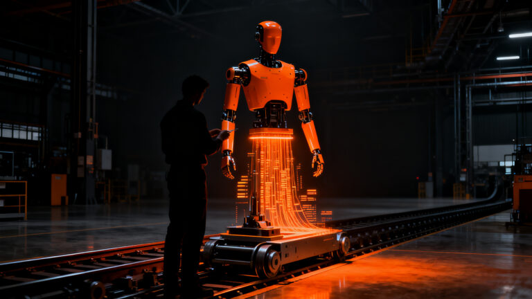 Robot humanoide sin piernas de Walden Robotics optimizando la automatización en una fábrica inteligente.