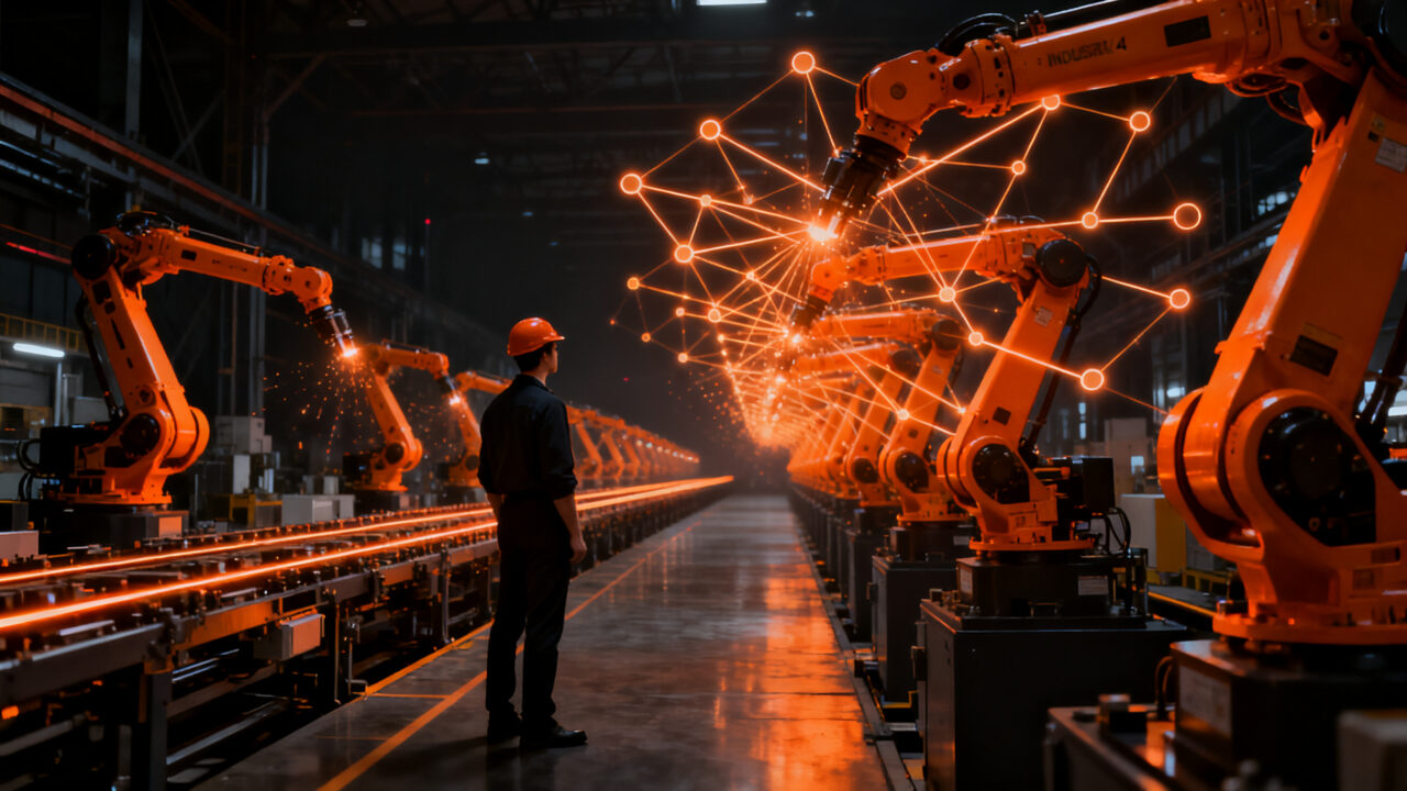 Profesional de la industria supervisando un entorno de fabricación automatizada con robots, representando la feria WeAR 2027 y la automatización industrial.
