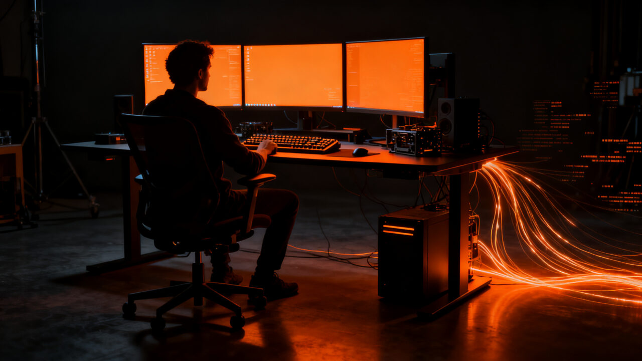 Espacio de trabajo optimizado de un fundador tech, mostrando productividad y ergonomía tecnológica.