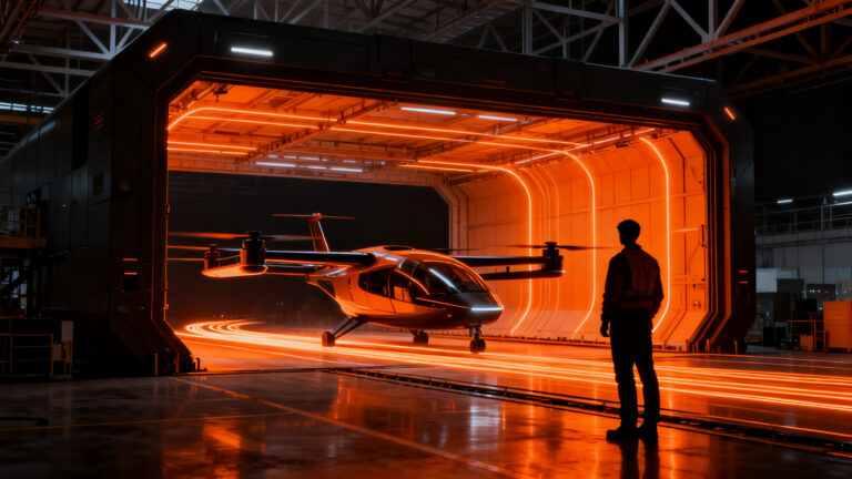 Vista futurista de un vehículo volador eVTOL de Xpeng despegando, simbolizando la revolución de la movilidad aérea urbana en el sector deeptech.