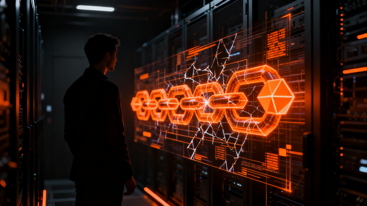 Ciberseguridad y gestión de riesgos: Ingeniero analizando código comprometido para prevenir ataques de supply chain en startups.