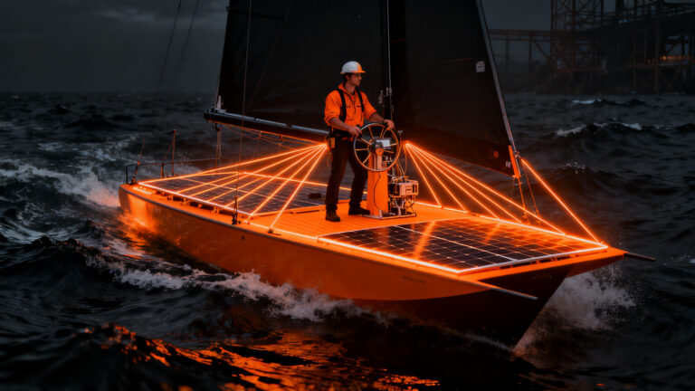 Yate solar Helios 11 navegando, representando la innovación frugal y la movilidad eléctrica marina.