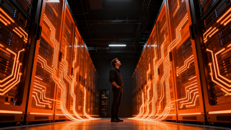 Infraestructura de centro de datos de IA con chips de alta potencia representando soberanía tecnológica y escalabilidad.