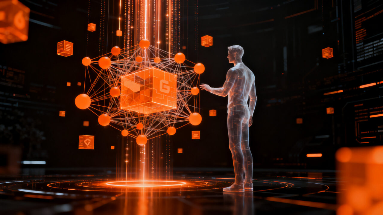 Agentes de IA interactuando en un marketplace descentralizado con pagos en USDC y tecnología blockchain.