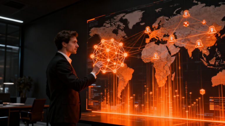 Agentes de inteligencia artificial automatizando procesos de exportación para pymes en una plataforma global.