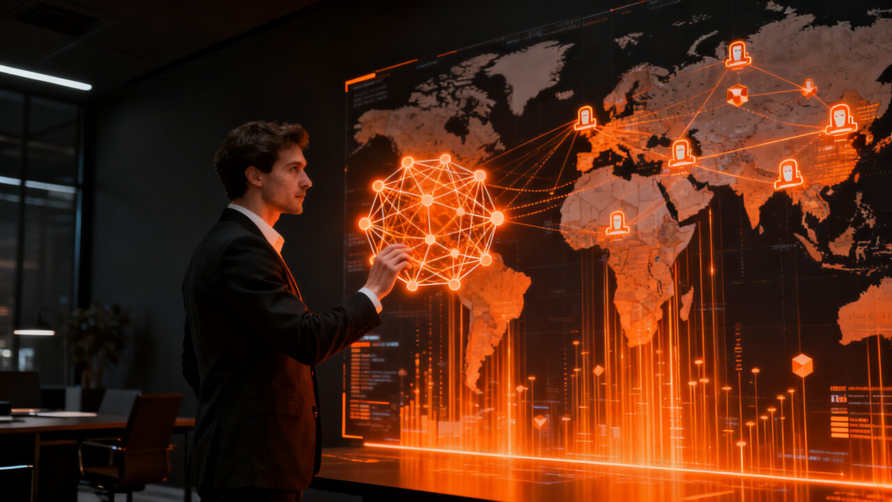 Agentes de inteligencia artificial automatizando procesos de exportación para pymes en una plataforma global.
