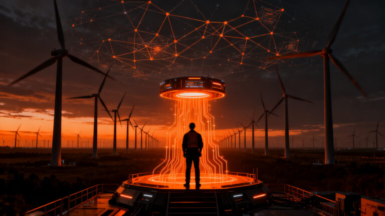 Infraestructura de energía eólica e inteligencia artificial en Chile, representando la eficiencia de Acciona Energía en el sector cleantech.