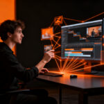Emprendedor utilizando IA generativa para automatizar diseño y video en un entorno de trabajo futurista.
