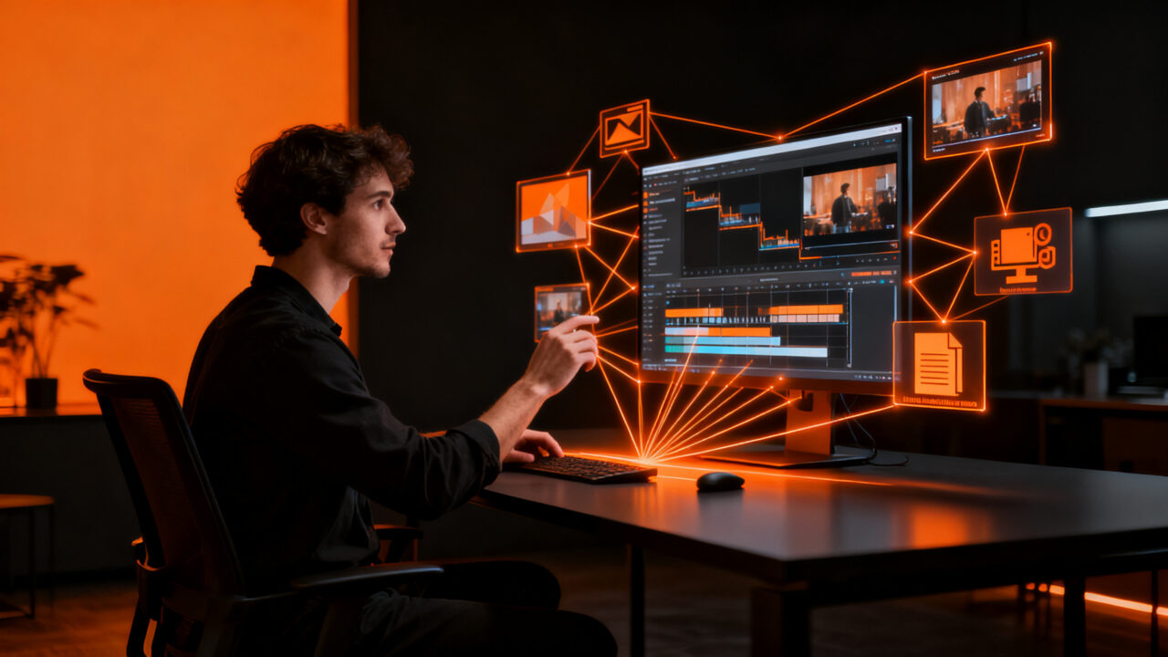 Emprendedor utilizando IA generativa para automatizar diseño y video en un entorno de trabajo futurista.