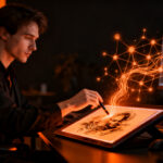 Diseñador trabajando con IA generativa en Adobe Photoshop, usando herramientas de edición asistida por Firefly.
