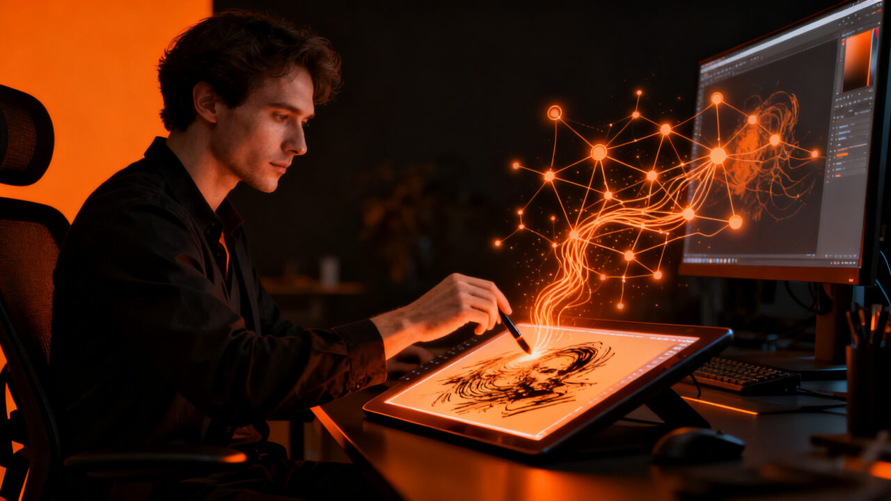 Diseñador trabajando con IA generativa en Adobe Photoshop, usando herramientas de edición asistida por Firefly.