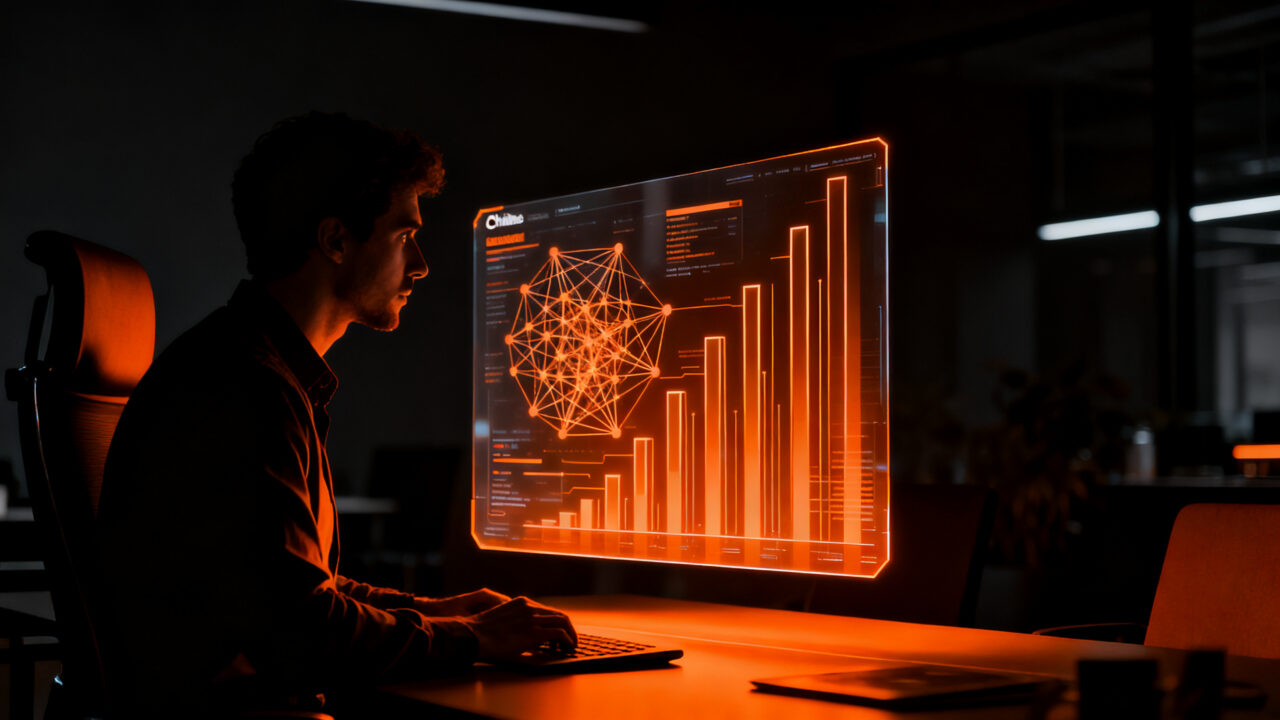 Emprendedor chileno analizando datos con inteligencia artificial, representando la alta adopción de IA en el ecosistema startup de Chile.