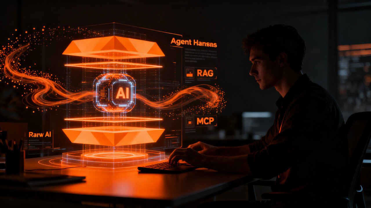 Un desarrollador trabajando con agentes de IA y herramientas de codificación para startups, representando el concepto de agent harness.