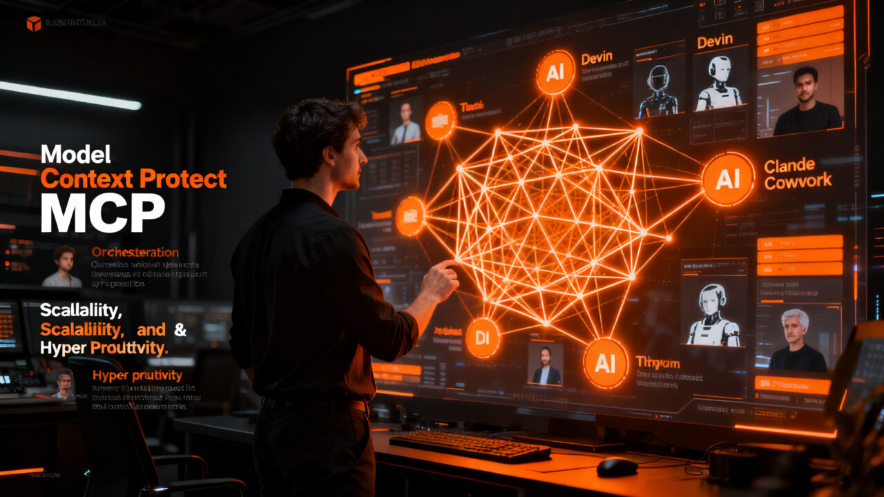 Un fundador de startup supervisando una red compleja de agentes de IA y automatización en 2026, optimizando la productividad empresarial.
