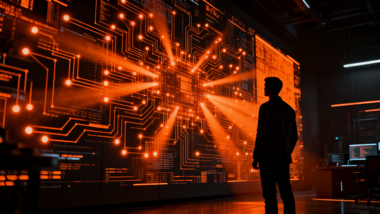 Simulación de ataque de agentes de IA coordinados contra una plataforma tecnológica, representando riesgos de ciberseguridad en inteligencia artificial.