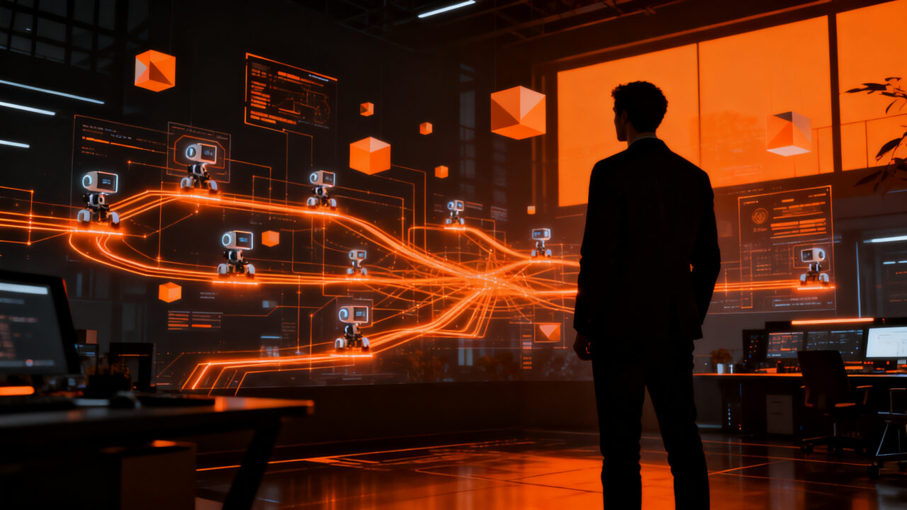 Agentes de IA autónomos operando en un entorno empresarial, representando la automatización y gobernanza en startups para 2026.