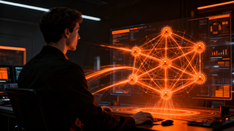 Agentes de IA autónomos comunicándose en una red colaborativa avanzada para startups tecnológicas en 2026.