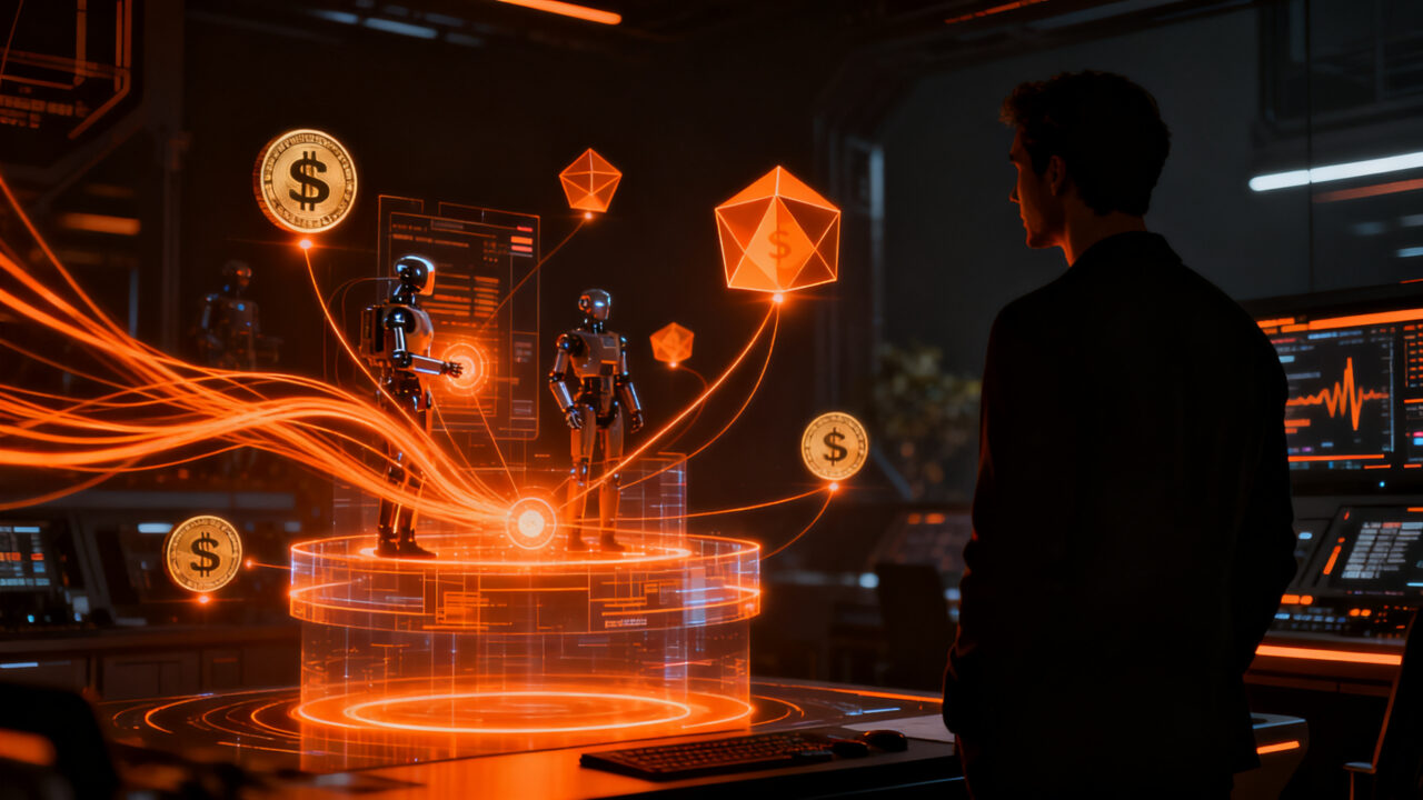 Agentes de IA realizando transacciones autónomas con criptomonedas y stablecoins en un entorno digital futurista.
