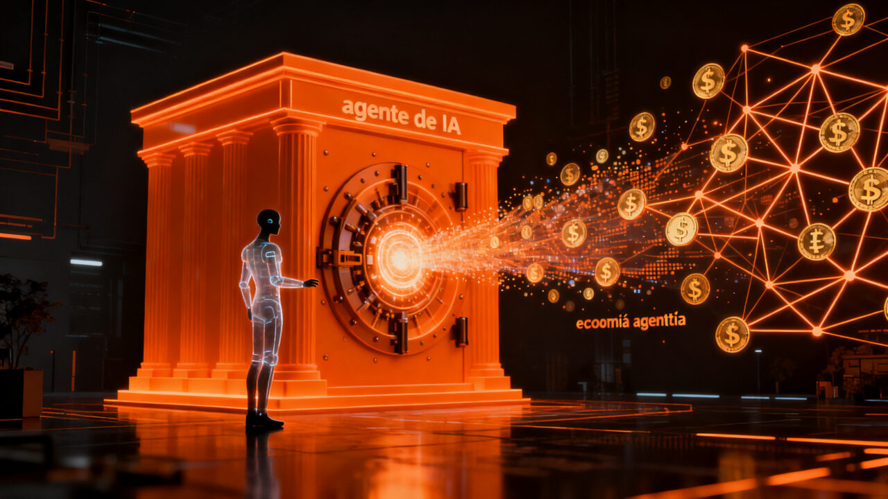 Agente de IA interactuando con infraestructura bancaria digital, representando la nueva economía agéntica y el futuro de las fintech.
