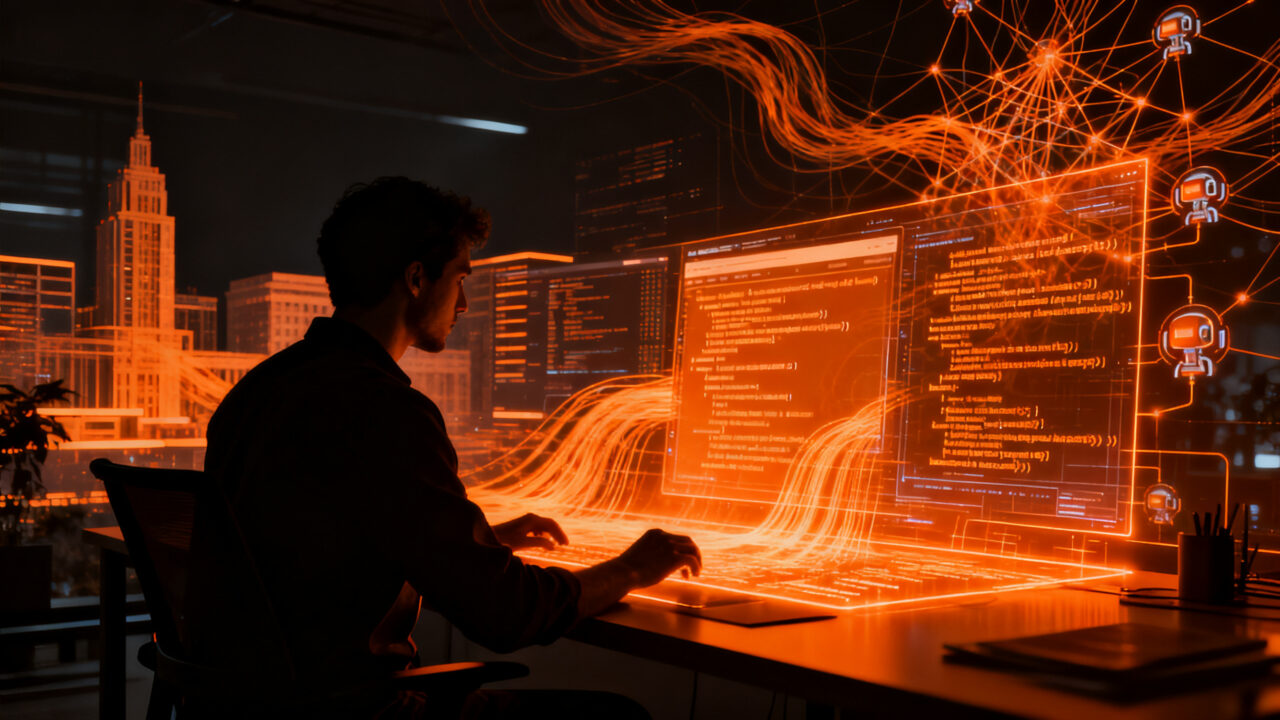 Desarrollador trabajando con agentes de IA y automatización inteligente en software.