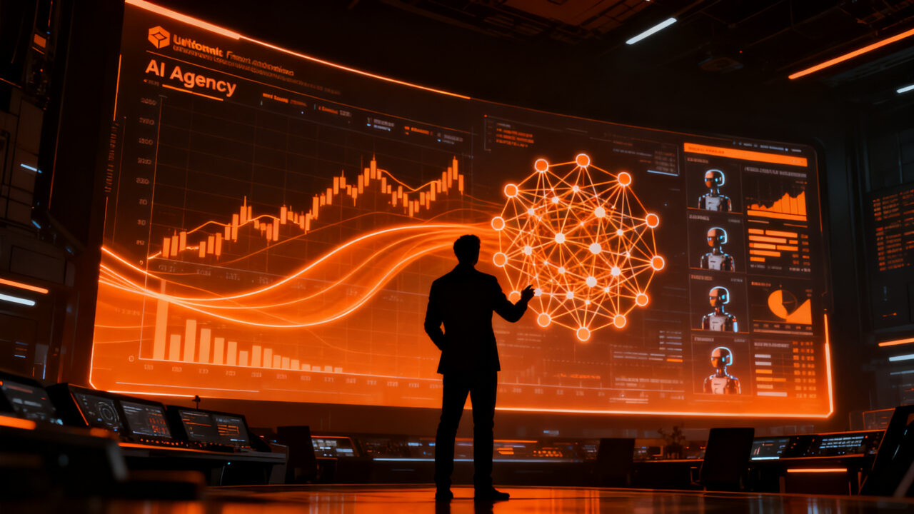 Founder de startup analizando datos financieros complejos con agentes de IA, representando la transformación digital en el sector bancario de 2026.