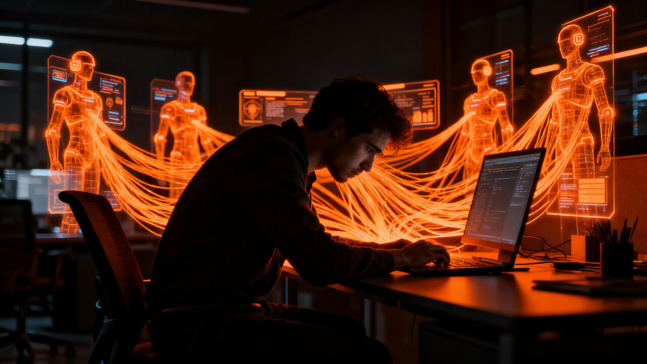 Fundador de startup trabajando intensamente junto a agentes de IA, reflejando la presión de la hiperdisponibilidad tecnológica.