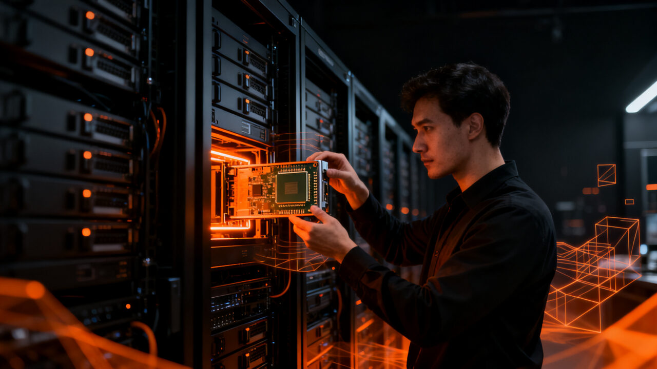 Integrador TI configurando hardware avanzado para inferencia de IA local, representando la nueva estrategia tecnológica para 2026.