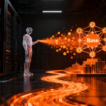Agentes de IA realizando micropagos automatizados en la red Base con USDC, representando la evolución de la economía autónoma.