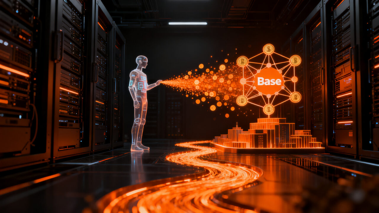 Agentes de IA realizando micropagos automatizados en la red Base con USDC, representando la evolución de la economía autónoma.