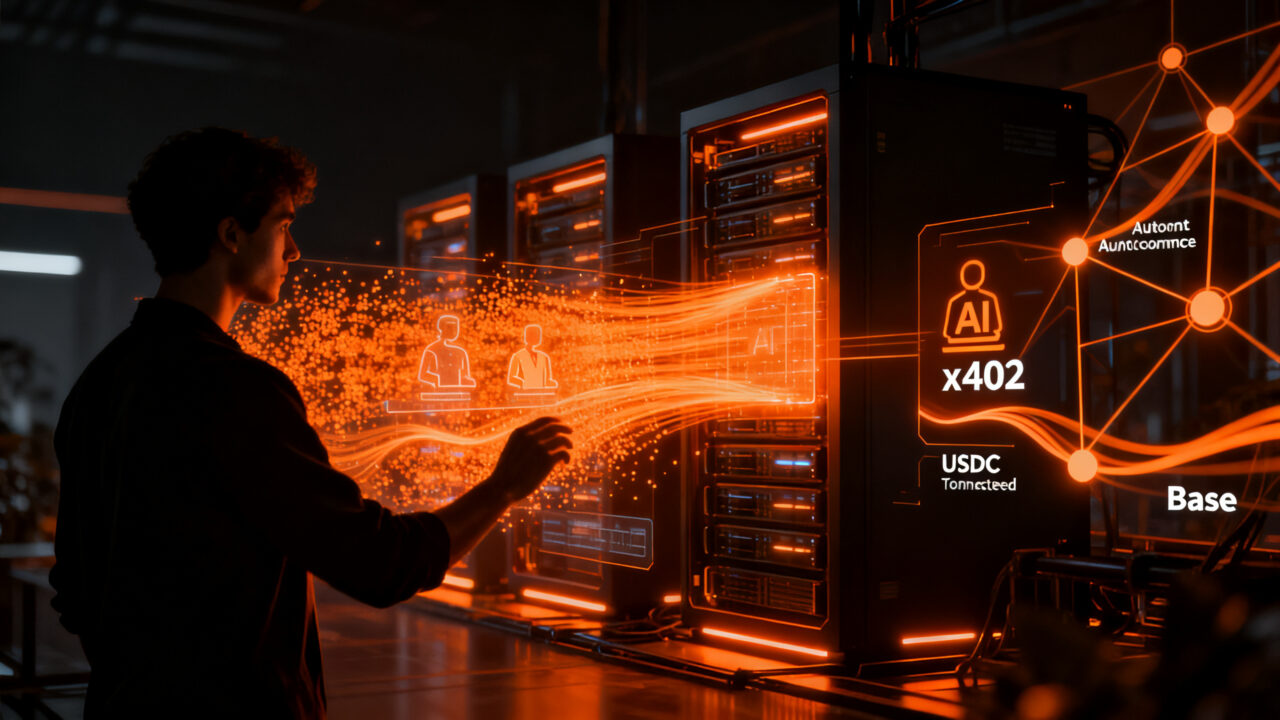 Agentes de IA realizando micropagos autónomos con USDC y protocolo x402 en arquitectura de nube.