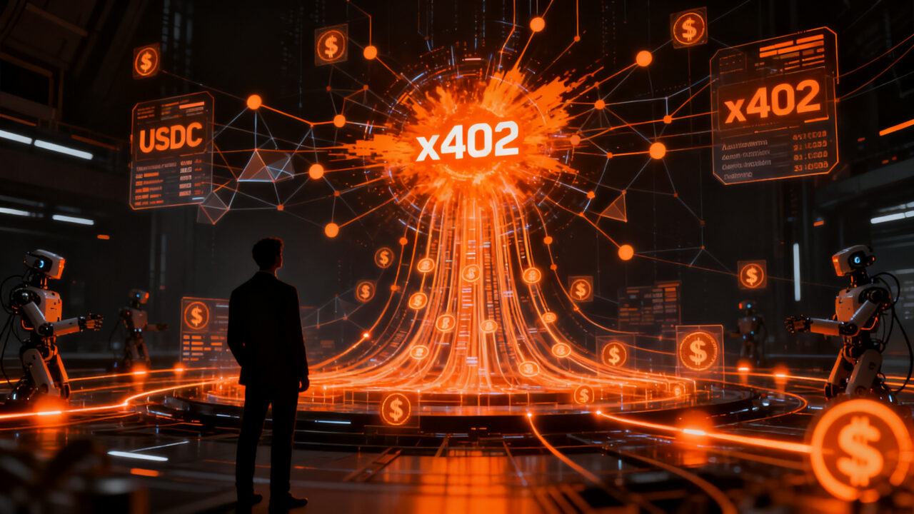 Agentes de IA realizando pagos automatizados con USDC, representando la nueva economía machine-to-machine y transacciones digitales.