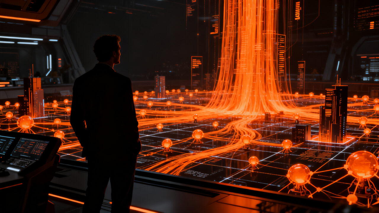 Agentes de IA autónomos operando en entornos digitales, representando la evolución tecnológica de chatbots a sistemas de ejecución.