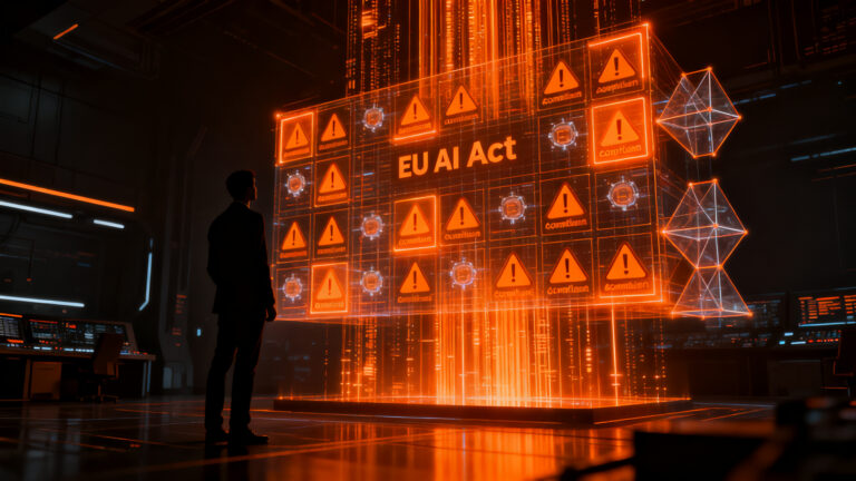 Emprendedor analizando el cumplimiento de la regulación EU AI Act en una interfaz digital de transparencia, simbolizando el riesgo legal y la innovación responsable en startups.