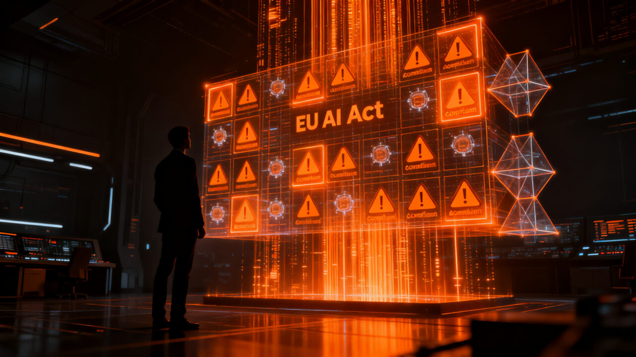 Emprendedor analizando el cumplimiento de la regulación EU AI Act en una interfaz digital de transparencia, simbolizando el riesgo legal y la innovación responsable en startups.
