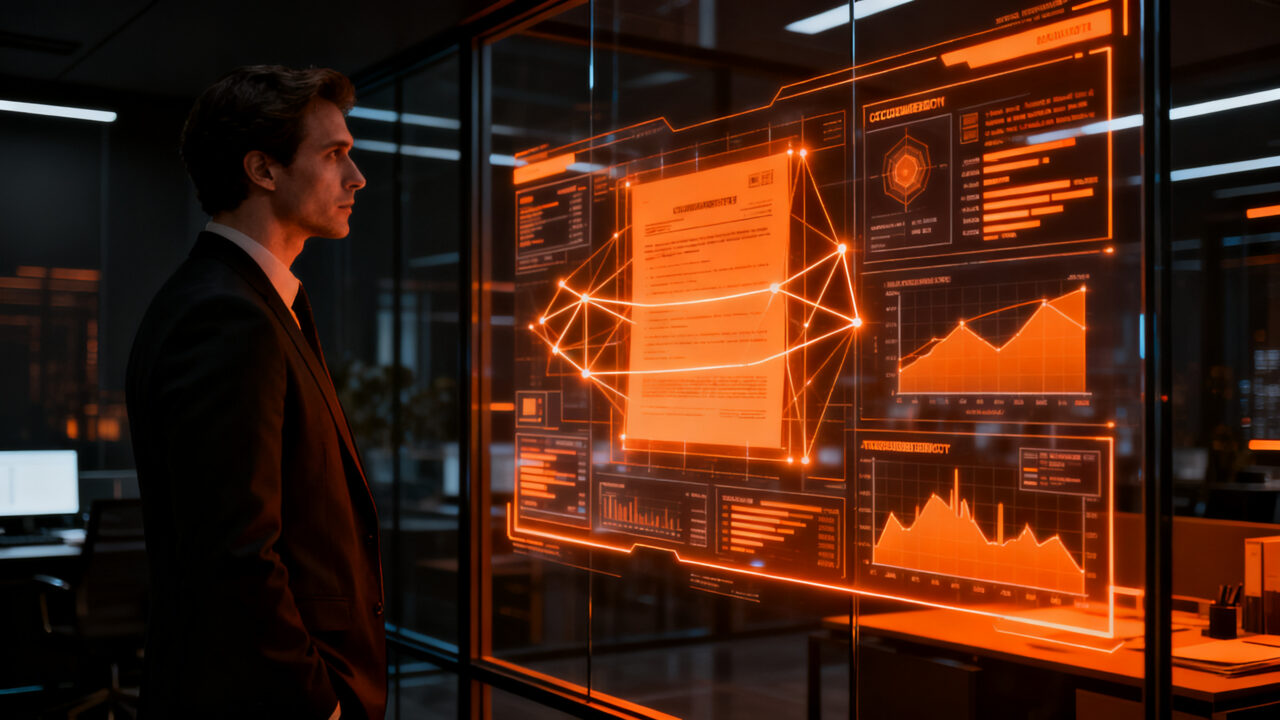 Cumplimiento de la normativa AI Act: emprendedor analizando transparencia y trazabilidad de IA en entornos digitales.