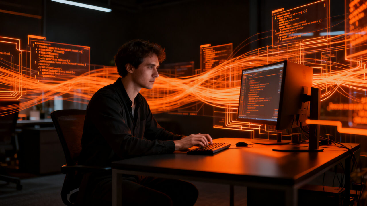 Desarrollador trabajando con inteligencia artificial para acelerar la productividad y eficiencia en el desarrollo de software.