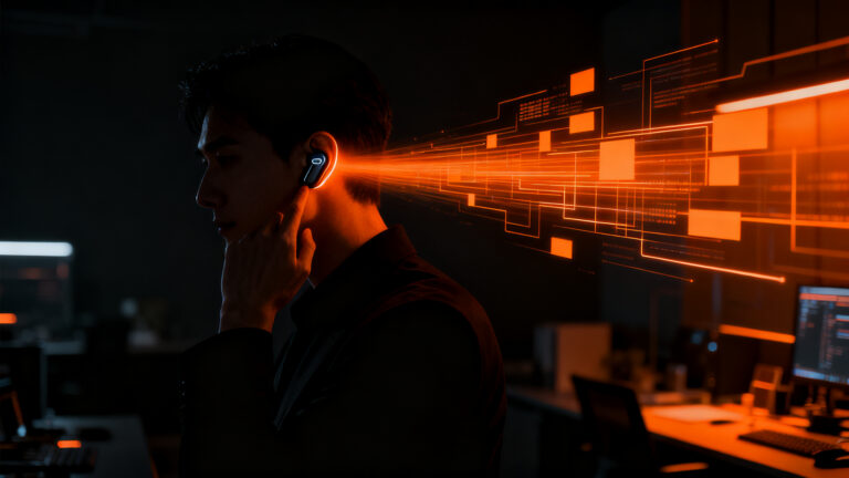 Concepto visual de AirPods con cámara y tecnología de inteligencia visual, representando la privacidad y la innovación en wearables de Apple.