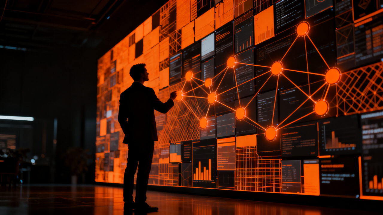 Empresario analizando datos complejos y sistemas de inteligencia artificial para mejorar el ROI empresarial y la estrategia de datos.