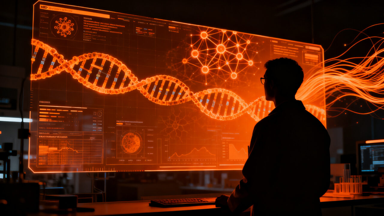 Investigador analizando biomarcadores de cáncer mediante biopsia líquida e inteligencia artificial en un entorno de laboratorio avanzado.