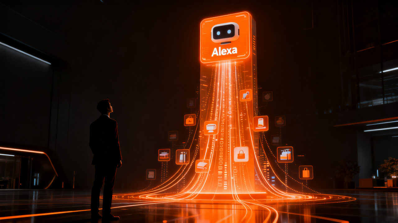 Usuario interactuando con tecnología de Alexa AI, representando el impacto de la IA agéntica en el comercio electrónico y el crecimiento de Amazon.