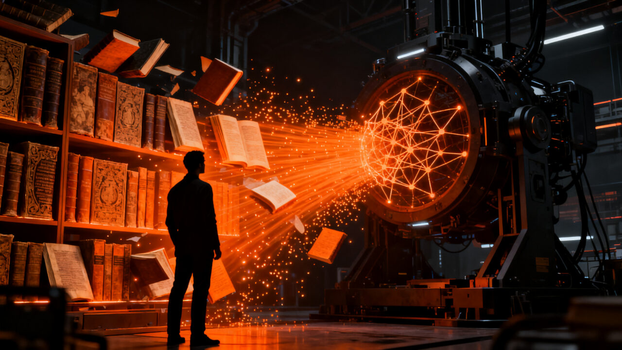 Escaneo y destrucción de libros físicos para el entrenamiento de modelos de inteligencia artificial en Amazon, concepto de ética y propiedad intelectual en IA.