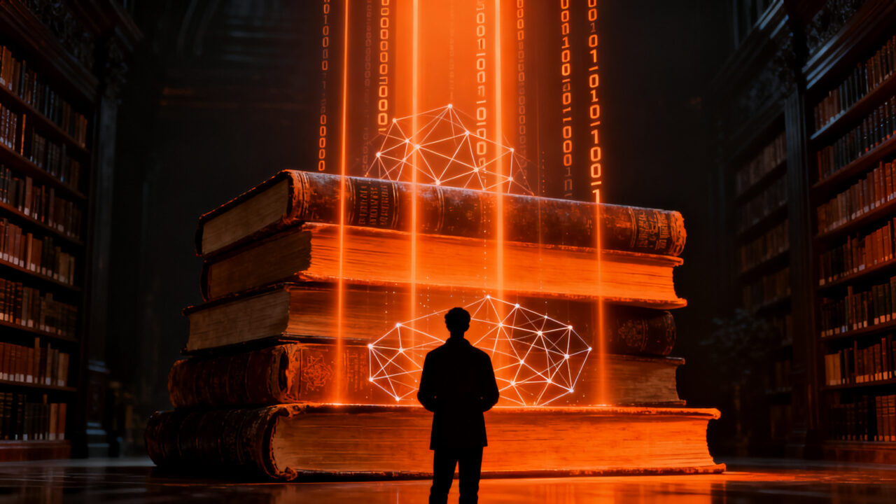 Investigador analizando libros antiguos para entrenamiento de IA, concepto de calidad de datos en modelos LLM.