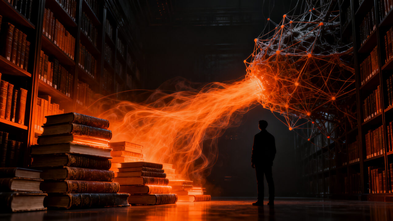 Concepto de entrenamiento de IA con libros físicos, representando el uso de datos en modelos de lenguaje avanzados.