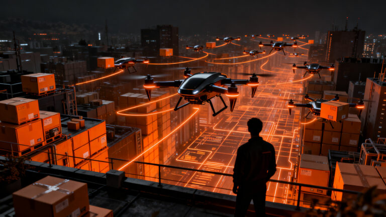 Drones de Amazon Prime Air sobrevolando una ciudad automatizada, representando el futuro de la logística ultrarrápida y el impacto en startups.